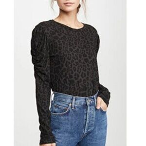 Revolve LNA Long Puff Sleeve Shirt Leporad Print Grey Size Small Fits Medium